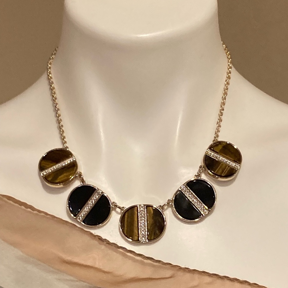 TALBOTS Gold Tone & Enamel Disk Necklace With Crystals